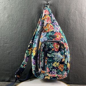 Vera Bradley Sling Backpack Happy Blooms Floral Quilted Navy Blue Jewel Nylon